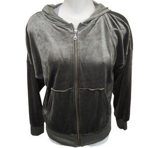Black Bow Womens Velour Full Zip Hoodie Olive Green Velvet Sweatshirt Size m